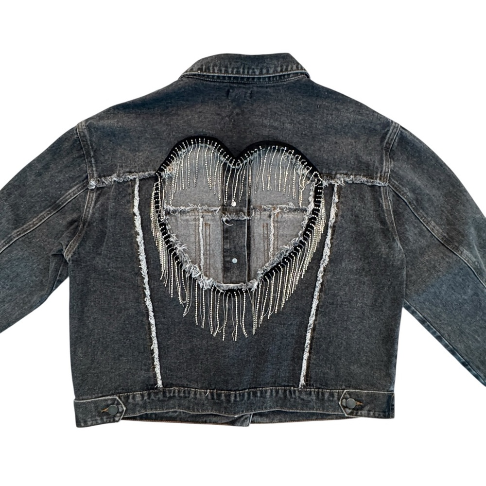 POL Black Denim Jacket with Embellished Heart Cutout Back - Picture 4 of 10